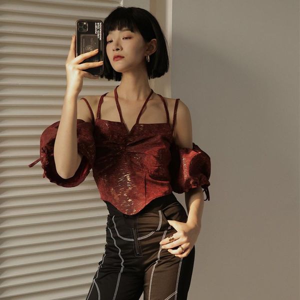 

women's hoodies & sweatshirts stainless red gold jacquard straps female girls' bubble sleeves off the shoulder waist shirt t962, Black