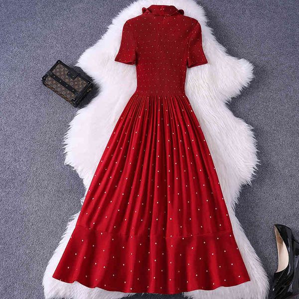 

europe fashion female summer elegant designer short dot print mid calf plied dress black red party, Black;gray