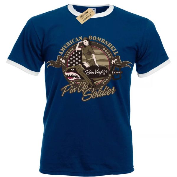 

american bombshell t-shirt pinup soldier t-shirt mens ringer, White;black
