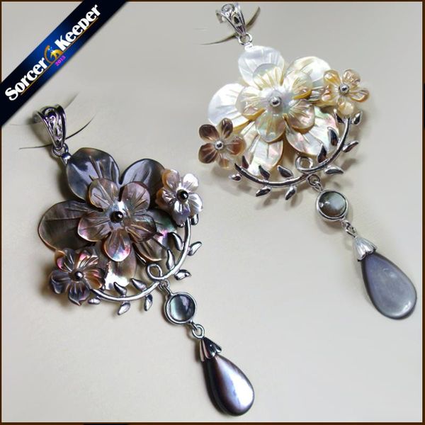 

pendant necklaces sorcerkeeper natural mother of pearl seashell water carving beads hand-carved flower vintage art necklace for women s015, Silver
