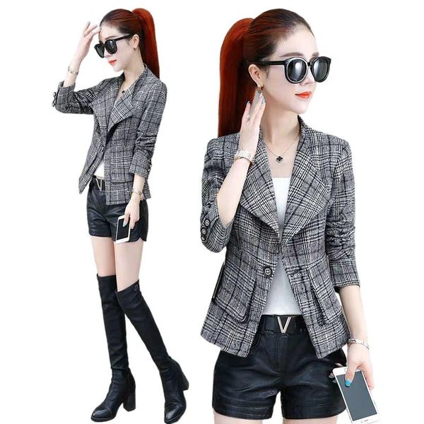 

plaid blazer women's 2021 spring and autumn clothing all-matching short slim fit small suit two piece pants, White