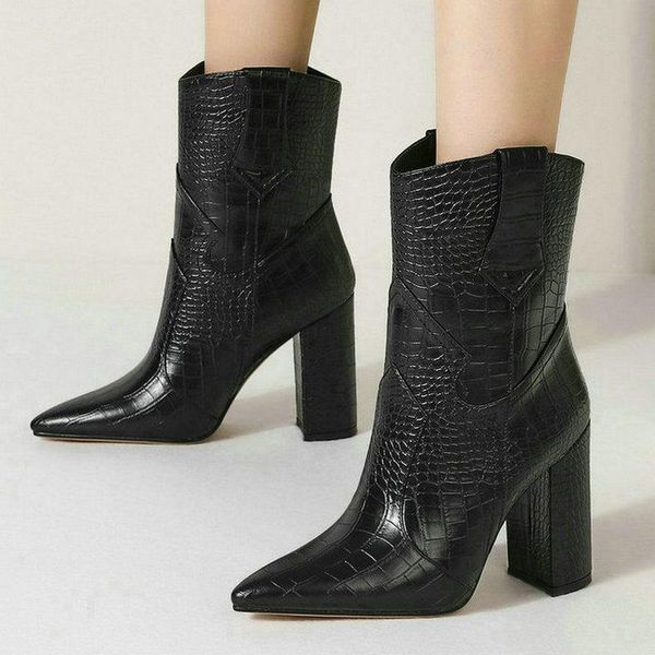 

boots 2021 women ankle faux leather pointed toe square high heel ladies short slip on quality women's big size, Black