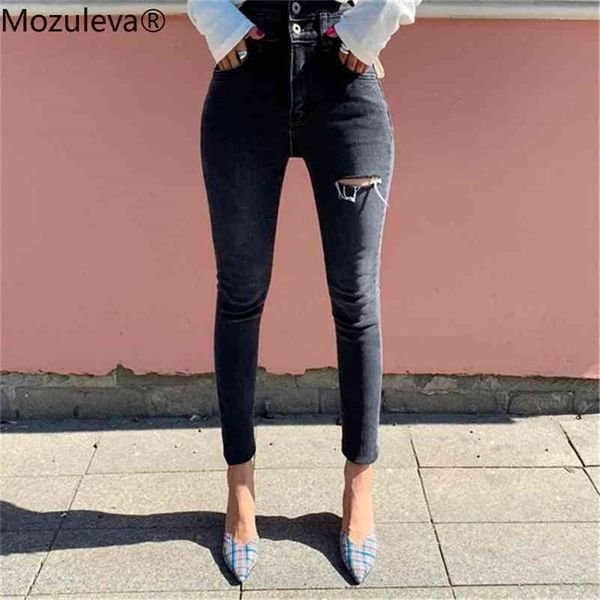 

winter two buttons women ripped trousers high waist slim pencil female denim jeans stretch long pants 210416, Blue