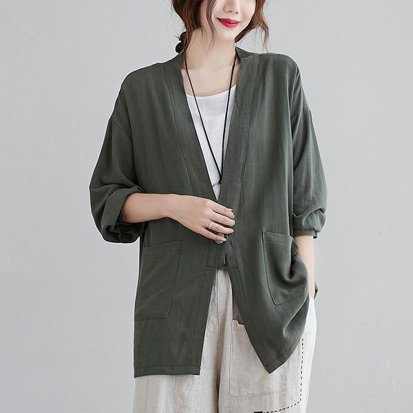 

women's jackets 2021 women jacket cotton linen solid color v neck loose cardigan thin korean fashion clothing outerwear coat, Black;brown