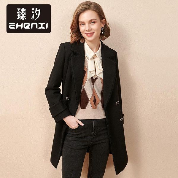 

women's wool & blends zhenxi winter lapel medium long woolen coat thickened warm and thin cb055, Black