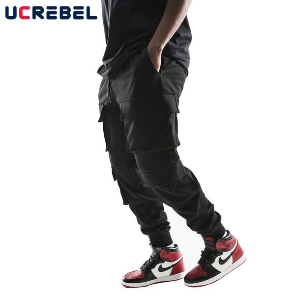 

men's pants multi-pocket jogger mens high street solid color cargo streetwear elastic waist loose casual trousers men, Black