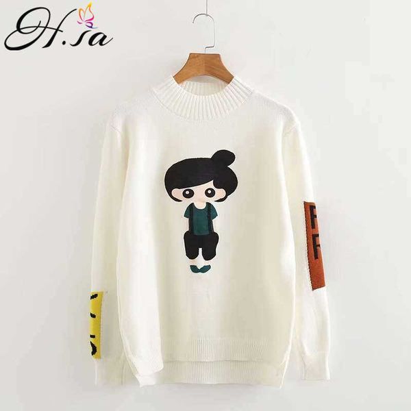 

h.sa women cartoon sweater long sleeve korean knit pullover jumpers patches beige winter sweater pull femme christmas jumpers 210716, White;black