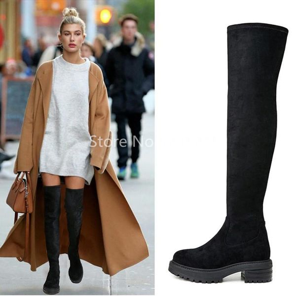 

boots winter women black suede long fur inside round toe slip on over the knee med square heeled shoes