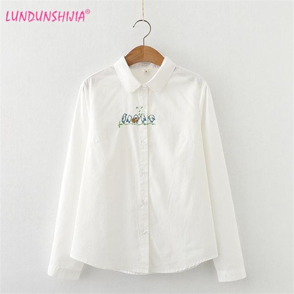 

women's blouses & shirts lundunshijia fashion women cotton long-sleeved blouse spring autumn 2021 style female little birds embroidered, White