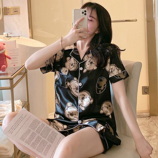 

women's sleepwear cartoon bear pajamas, satin pajamas, kawai, summer, Black;red