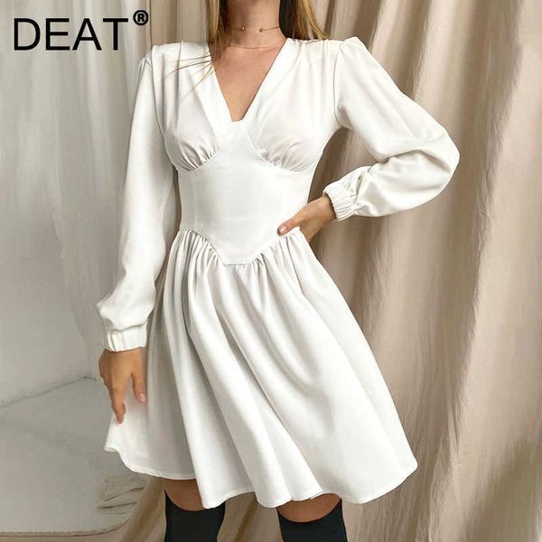 

deat women spring autumn solid high waist v-neck long sleeve temperament streetwear style slim pleated dress mz051 210709, Black;gray