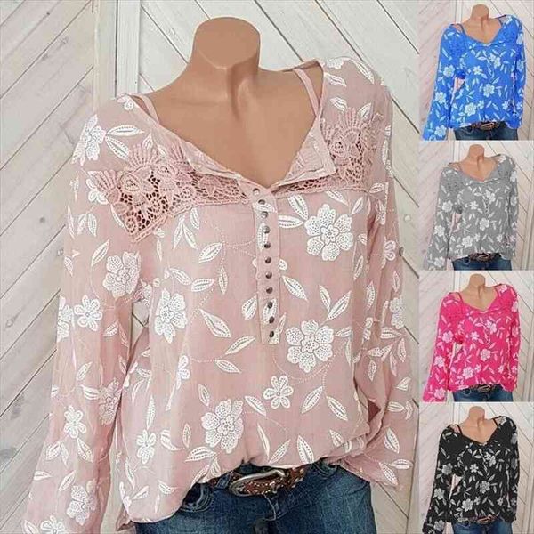 

fall plus size ladies fashion v-neck long sleeve printed flowers chiffon shirt lace stitching black pink blouse s-5xl, White
