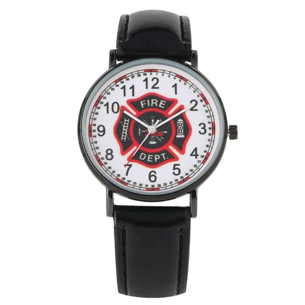 Armbanduhren Herren-Armbanduhr mit speziellem Feuerwehr-Logo, Dornschließe, Lederarmband, klassische Quarz-Armbanduhr mit arabischen Ziffern und Zifferblatt