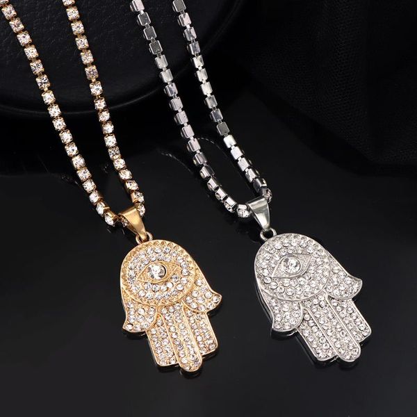 

chains turkish evil eye hamsa hand of fatima pendant necklace for women men iced out rhinestone tennis choker hip hop jewelry, Silver