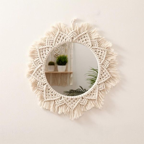 

mirrors macrame hanging wall mirror nordic bohemian handmade woven cotton rope braided fringe tassel makeup tapestry wholesale