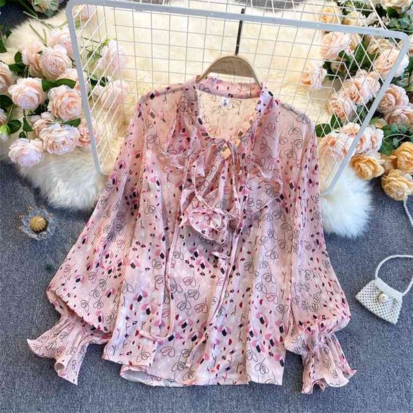 

spring fashion chiffon vestidos women's pleated ruffled stand-up collar blusa puff sleeve slim floral shirt c399 210507, White