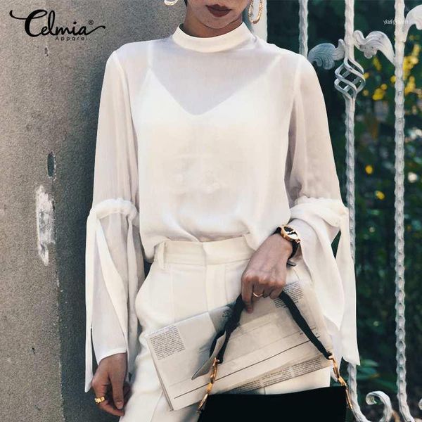

women's blouses & shirts celmia women fashion see-through sheer long flare sleeve ruffles casual back buttons elegant blusas 5xl1, White