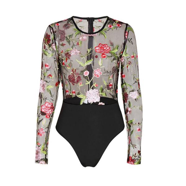 

plus size slim zipper long sleeve transparent perspective lace jumpsuit bodysuit club party nightwear romper women's jumps, Black;white