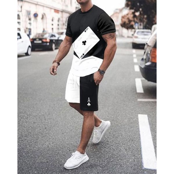 

playing card pattern men's sports suit short-sleeved t-shirt with shorts, comfortable, breathable and dry, daily leisure sports, Gray