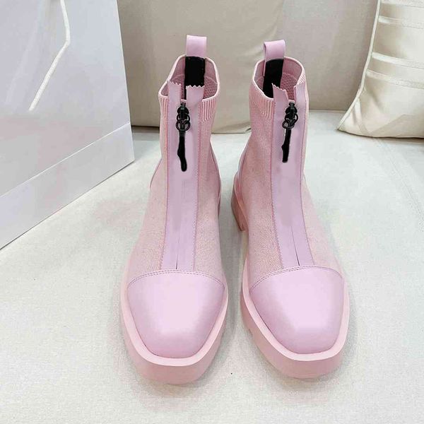 

luxury women platform martin boots fashion round toe designer real leather elastic ankle winter booties shoes with box, Black