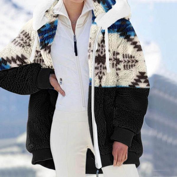 

women's jackets women winter thick warm coat ethnic pattern long sleeve fluffy hairy fake fur outwear female plus size zipper overcoat, Black;brown