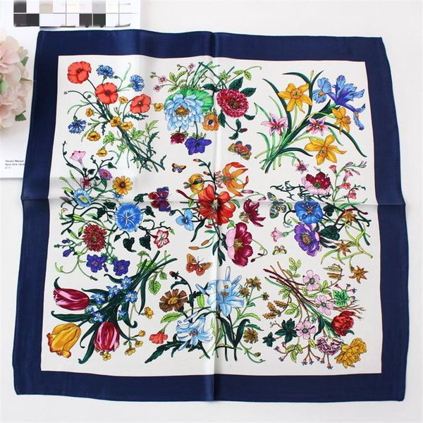 

scarves pobing 100% pure silk scarf women floral print square small head handkerchief foulards wholesale hijab wraps 53cm, Blue;gray