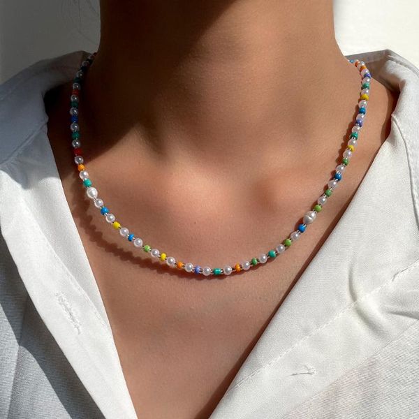

chains korea mix color simulated-pearl beads necklace candy acrylic rice bead strand clavicle chain sweet simple handmade jewelry, Silver