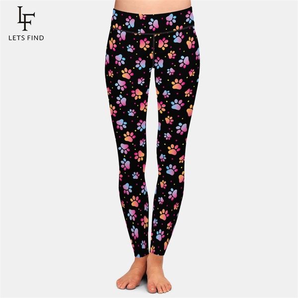 LetsFind Moda Pata Padrão Padrão Animal Pegada Impressão Mulheres Calças Cintura alta Plus Size Fitness Elastic Slim Leggings 210925