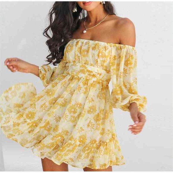 

long sleeve floral print beach style dress women off the shoulder bohemian summer sundress cute yellow mini dresses female 210427, White
