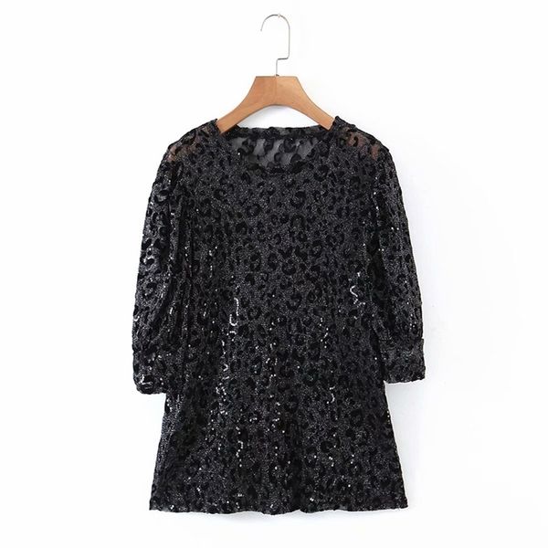 

women shinny dress o-neck gold velvet leopard print black female party date mini 210524, Black;gray