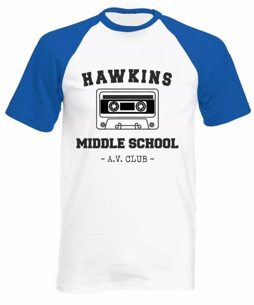 

hawkins middle school av club short sleeve baseball shirt eleven, White;black