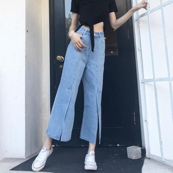 

women's jeans high waist soft fashionable ins spring and autumn korean loose slimming wide leg pants student versatile split, Blue