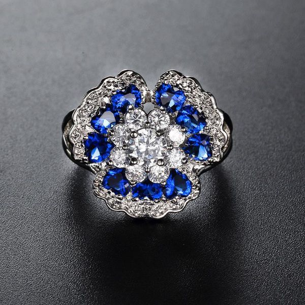 

wedding rings vintage female crystal flower big ring classic silver color engagement luxury blue zircon stone for women, Slivery;golden