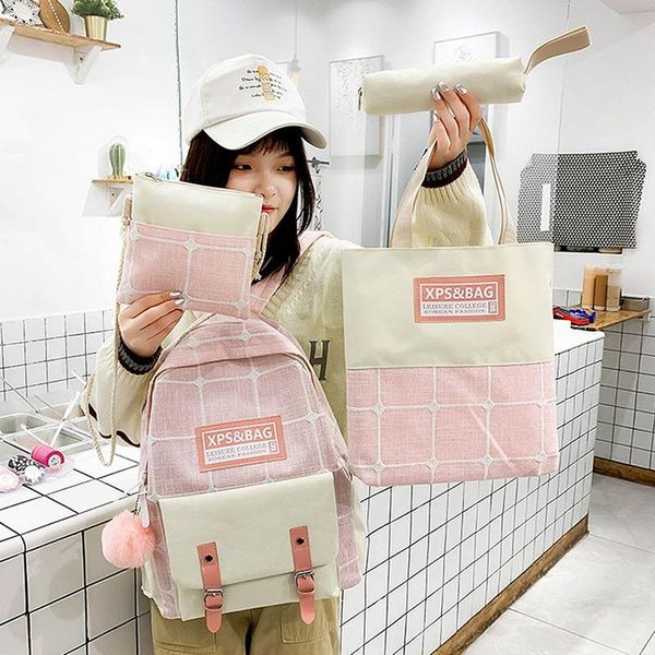 

school bags multifunctional and versatile student schoolbag female korean version of harajuku style canvas plaid four-piece backpack fashion