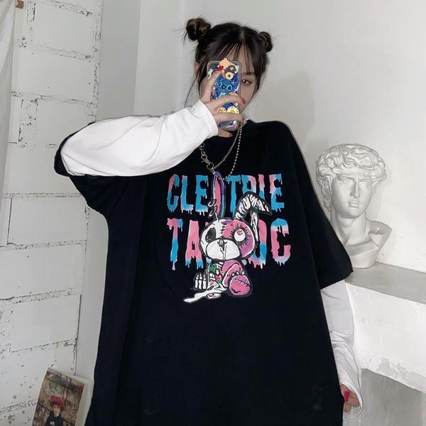 

gothic punk summer loose vintage women tshirt ulzzang harajuku cartoon print short sleeve drop clothing wbh women's t-shirt, White