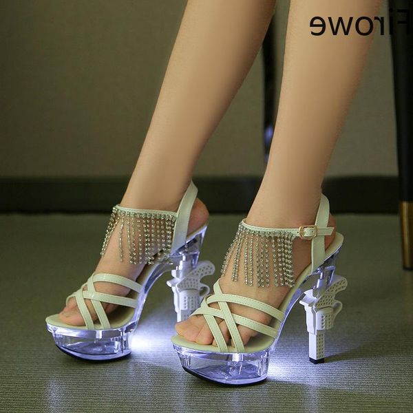 

firowe women arrival abnormal gun heel light luminous crystal high sandals women's summer wedding party shoe 14cm, Black