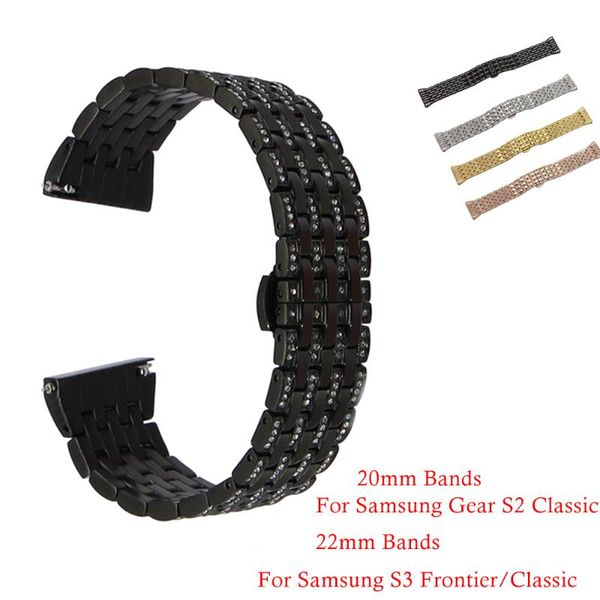 

watch bands stainless steel watchband for samsung gear s3 s2 classic frontier crystal rhinestone diamond quick release 20mm 22mm band, Black;brown