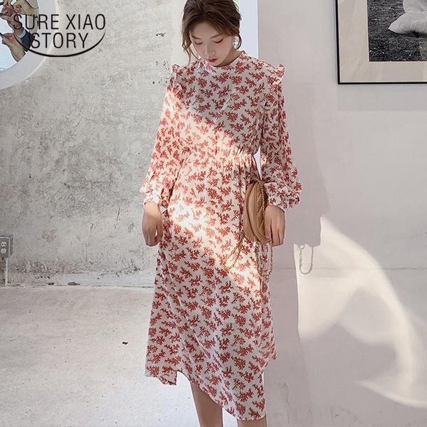 

casual dresses female chiffon dress elegant women 2021 spring stand collar ruffles full sleeve elastic waist midi femme vestidos 8690 50, Black;gray
