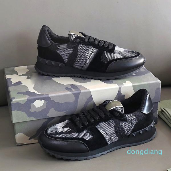 

designer-stud rockrunner shoe camouflage trainers mesh real leather combo rock runner sneakers men reflective rubber sole shoes chaussures, Black