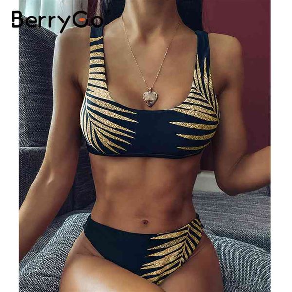 

berrygo leave print bikini set mujer bandeau swimsuit female high cut bathing suit swimwear women summer bathers biquini 210513, White;black