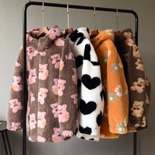 

women's wool & blends fashion sweet cartoon bear zipper up with hood cashmere coat women cute kawaii long sleeve straight autumn winter, Black