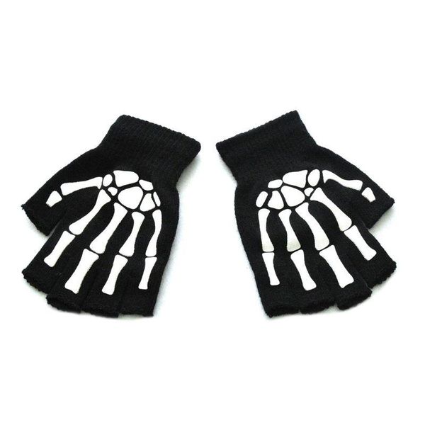 

cycling gloves halloween skeleton skull half finger glow in the dark fingerless stretch knitted winter mittens, Black