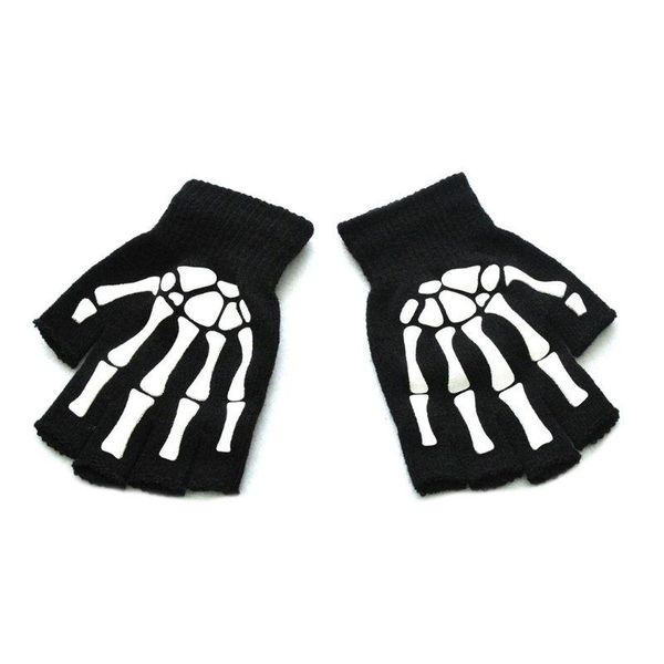 Luvas de ciclismo Unissex Adult Halloween Skeleleton Skull Meio dedo brilho na luva de inverno de malha de malha escuro sem dedos