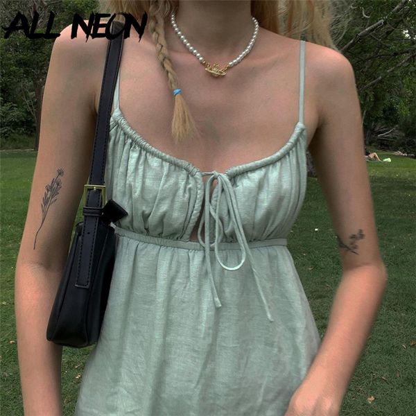 

allneon 90s fashion drawstring lace-up ruffles short dresses y2k streetwear backless strapled milk maid dress green a-line 2021, Black;gray