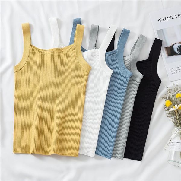 

knitted solid women cami color square collar sleeveles korean streetwear female clothing w852, White