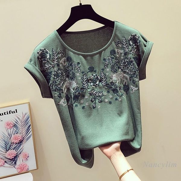 

women's t-shirt green t shirt women 2021 spring and summer korean style round neck short sleeve embroidery casual camisetas de mujer, White