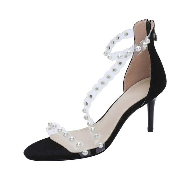

genuine leather round toe thin high heels sling back fairly pearl beading onlin star zipper women sandals l81, Black