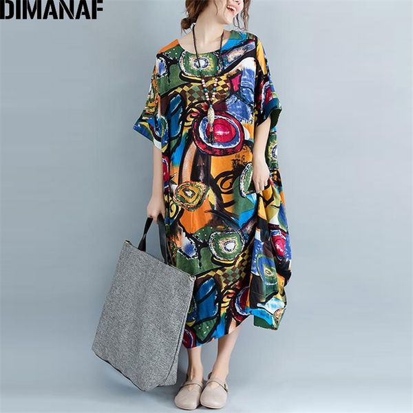 DIMANAF Frauen Kleid Plus Größe Sommer Muster Druck Leinen Bunte Weibliche Lose Batwing Casual Retro Vintage Große Größe Kleider 210329