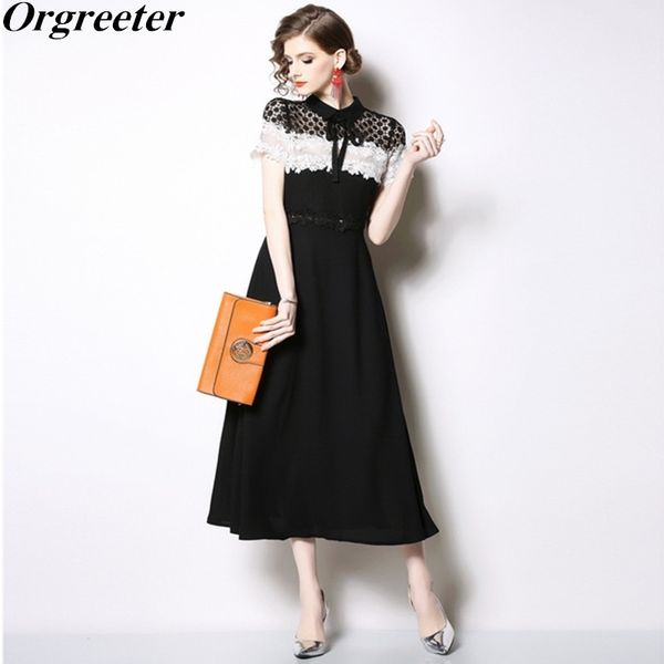 

summer elegant lace hollow flower crochet dress women vintage black white chiffon patchwork 210525, Black;gray