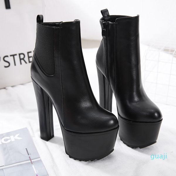 

16cm ultra high heels motocycle boots black pu leather thick platform chunky heels size 34 to 40
